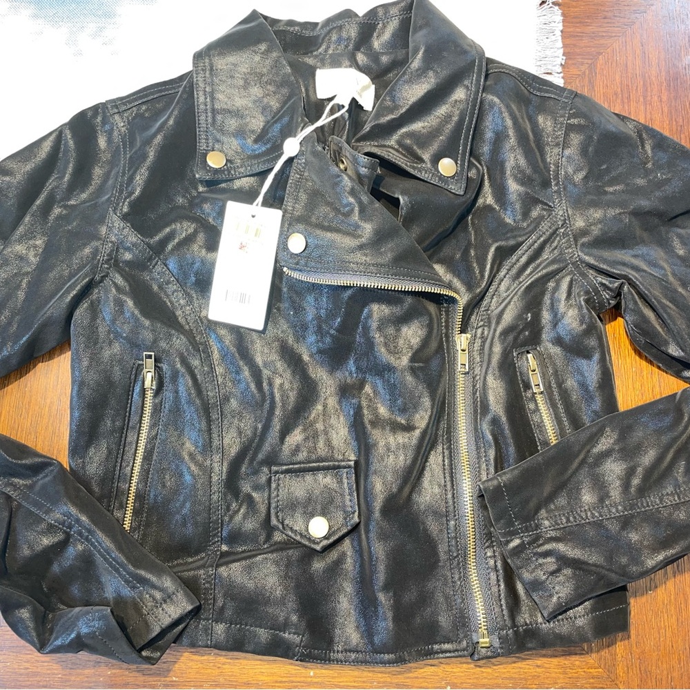 Chelsea & Violet Faux Leather Moto Jacket Women Black Cropped NWT Gold Zip